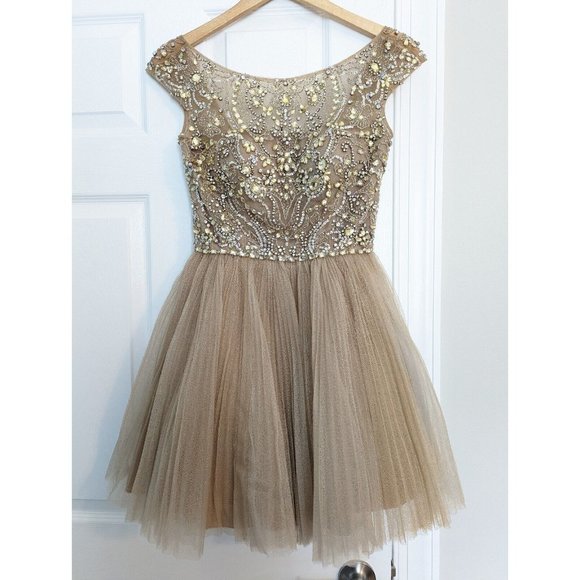 Cocktail Prom Pageant Short Dress SHERRI HILL 2814 Gold Rhinestone Tulle 4 - Picture 1 of 16